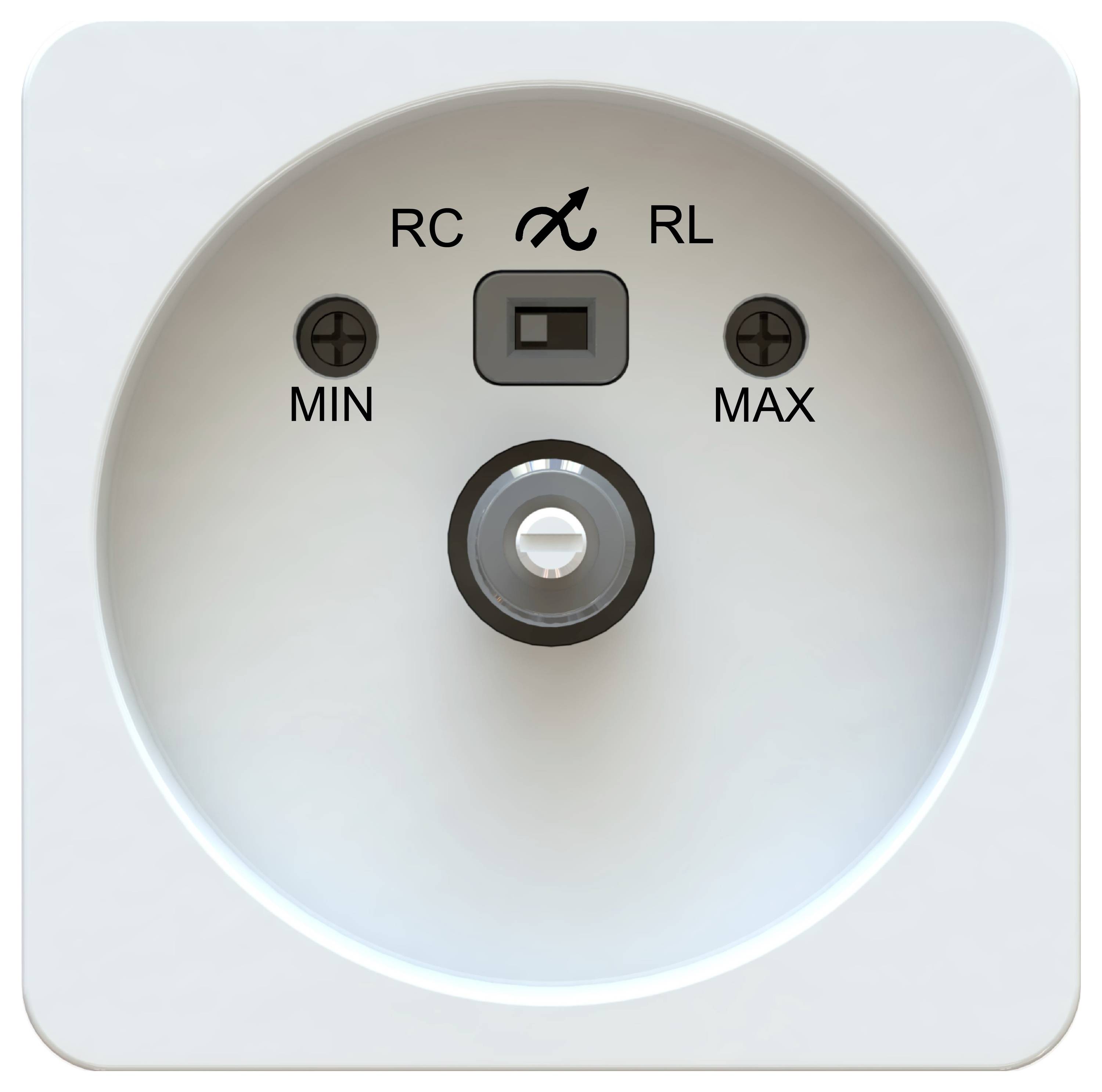 Drehschalter mit den Beschriftungen RC und RL und einem Knopf in der Mitte, einstellbar von MIN zu MAX. Pfeile zeigen die Drehrichtung an.