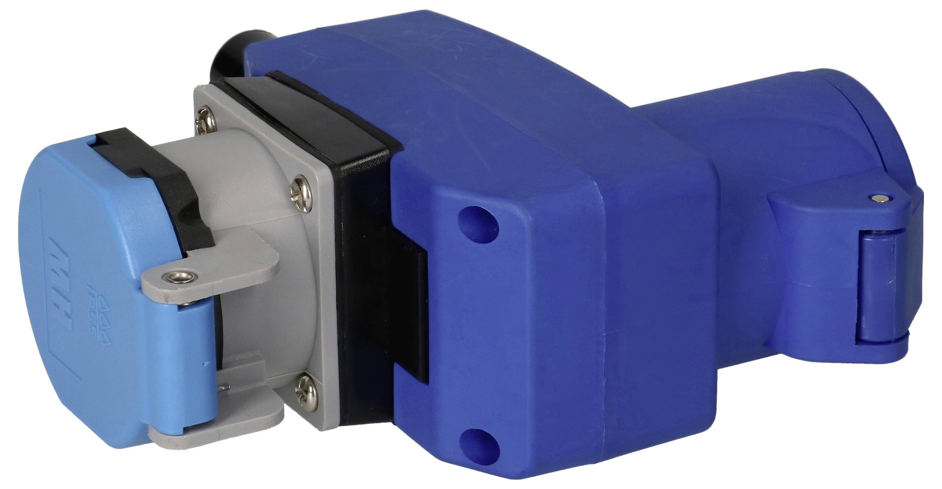 Ein blauer Industriestromstecker mit grauer Steckdosenschutzkappe, konstruiert für sichere Stromverbindungen in Anlagen.