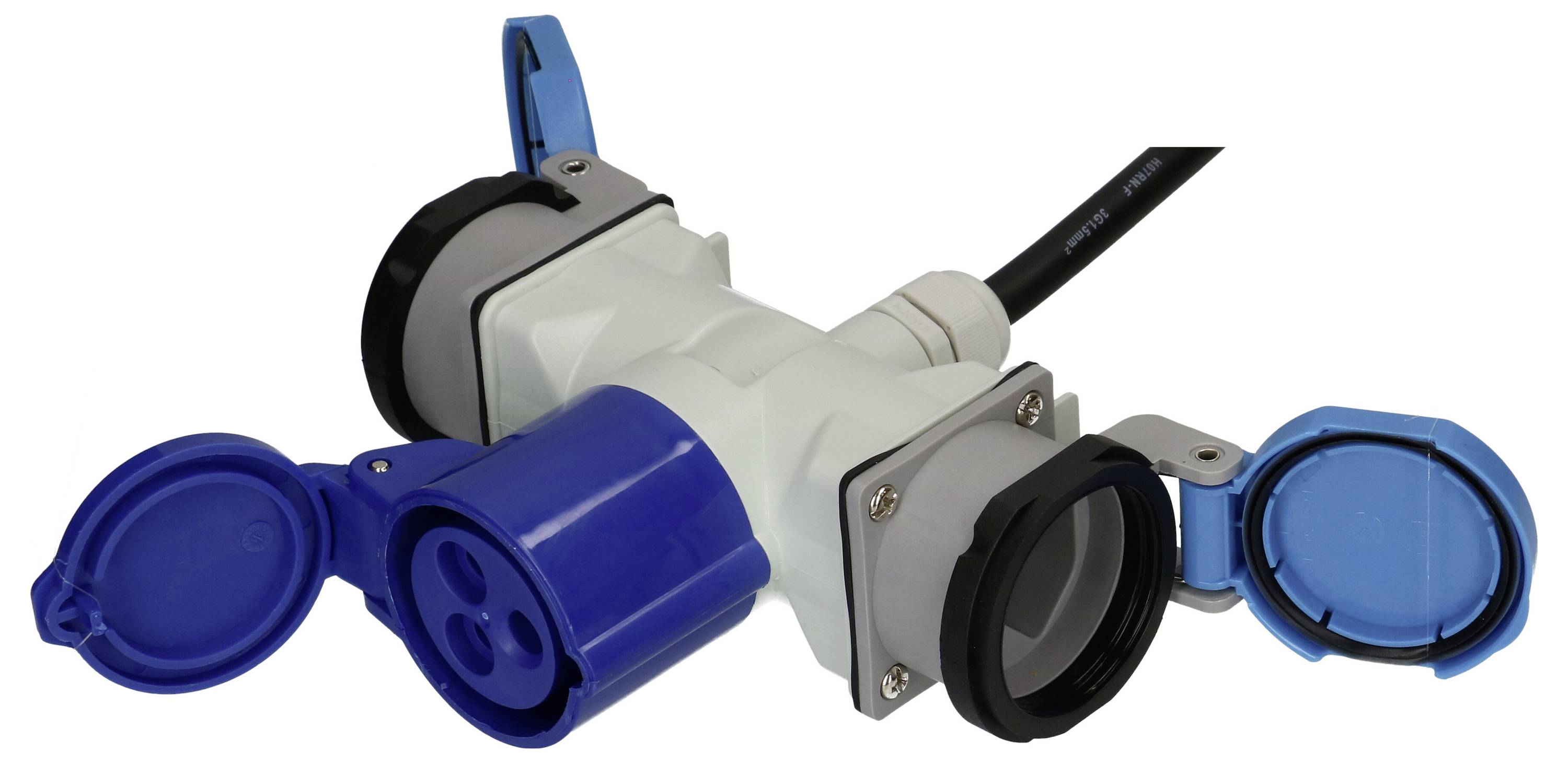 Eine weiße Stromverteilungseinheit mit mehreren blauen und schwarzen Steckverbindern, die zur Verwaltung mehrerer elektrischer Verbindungen verwendet wird.