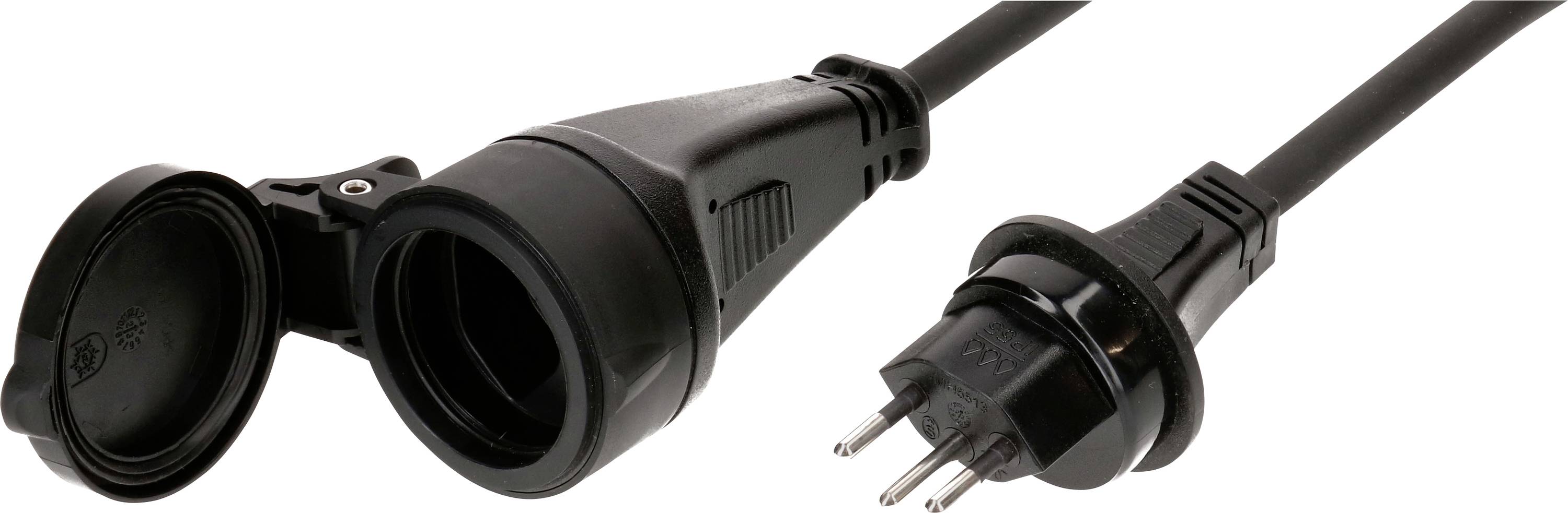 Ein schwarzes Stromverlängerungskabel mit einem europäischen Stecker auf der rechten Seite und einer Steckdose mit Schutzkappe auf der linken Seite.