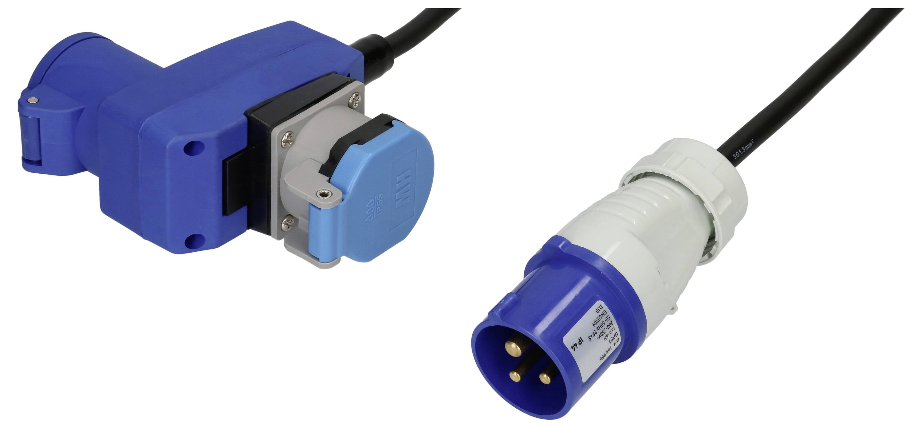 Ein blauer Stromstecker und eine blaue Steckdose, verbunden durch ein schwarzes Kabel, konzipiert für industrielle Stromverbindungen und zeigen Kompatibilität und Design.