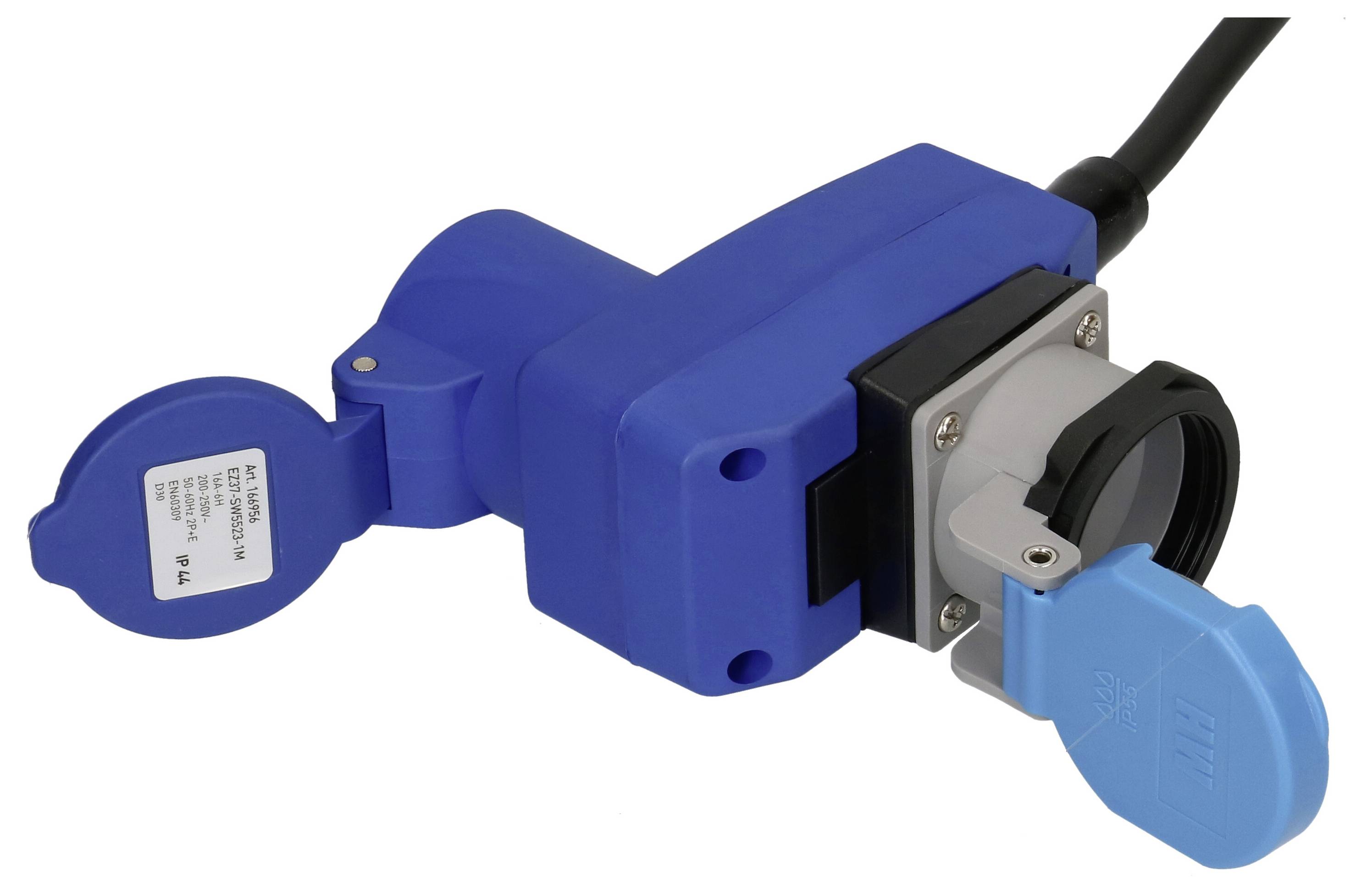 Ein blauer und grauer Industrie-Stromstecker mit Schutzkappe. Der Stecker ist mit einem schwarzen Kabel verbunden und hat ein Etikett mit Spezifikationen.