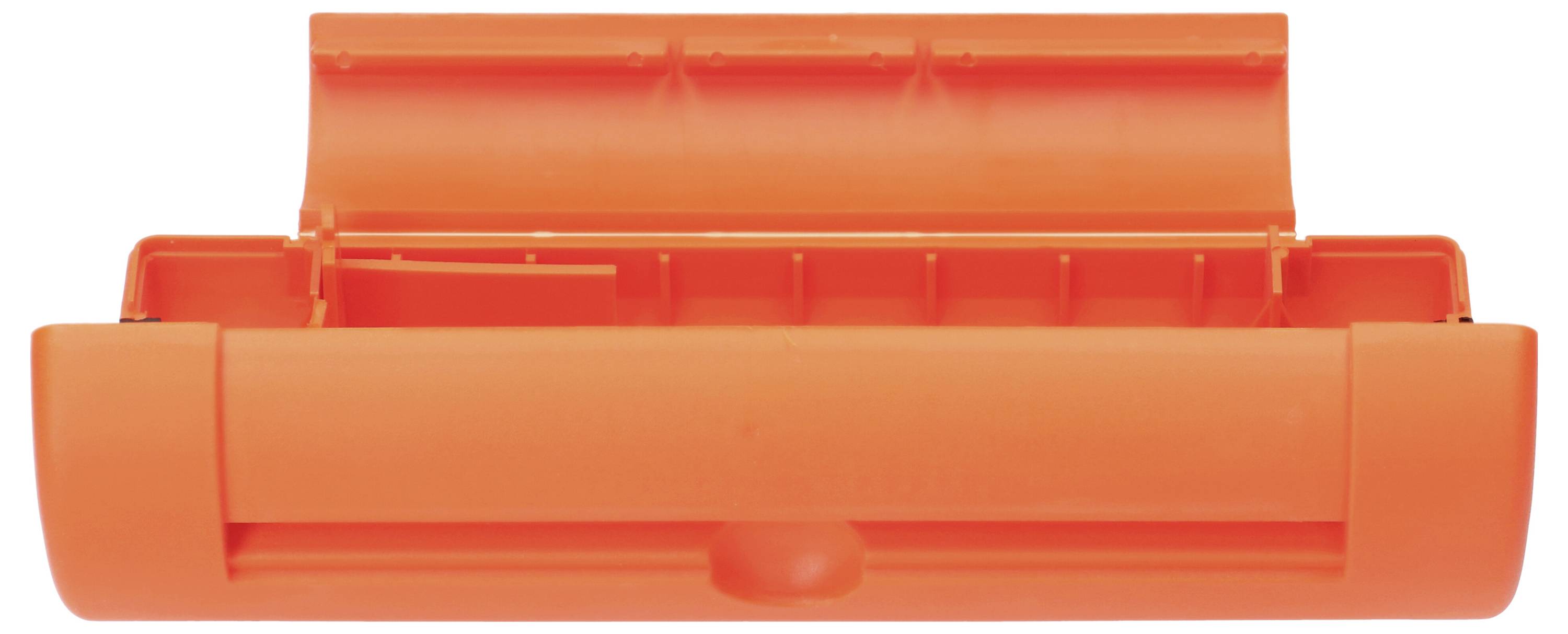 Ein leuchtend oranges mechanisches Teil mit gekrümmter Vorderseite und offener Oberseite, das mehrere Fächer und einen Scharnierme<br>chanismus zeigt.