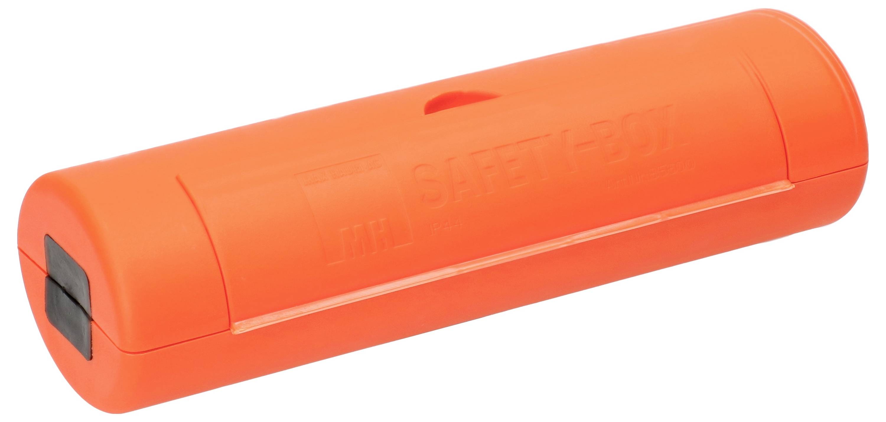 Orangefarbige zylindrische Rettungsboje mit schwarzer Kappe an einem Ende. Der geprägte Text lautet „SAFETY BUOY." Wird für Wasserrettung und Sicherheit verwendet.