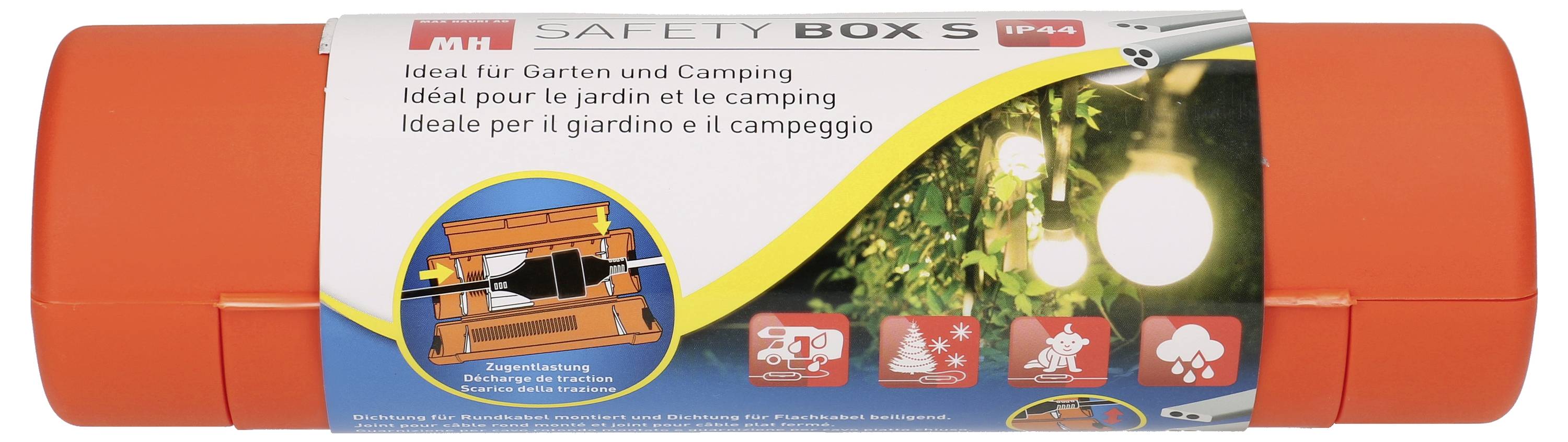 Die Verpackung von "SAFETY BOX S" zeigt eine orangefarbene Schutzbox mit Symbolen, die Wasser- und Staubbeständigkeit anzeigen, ideal für den Außenbereich.