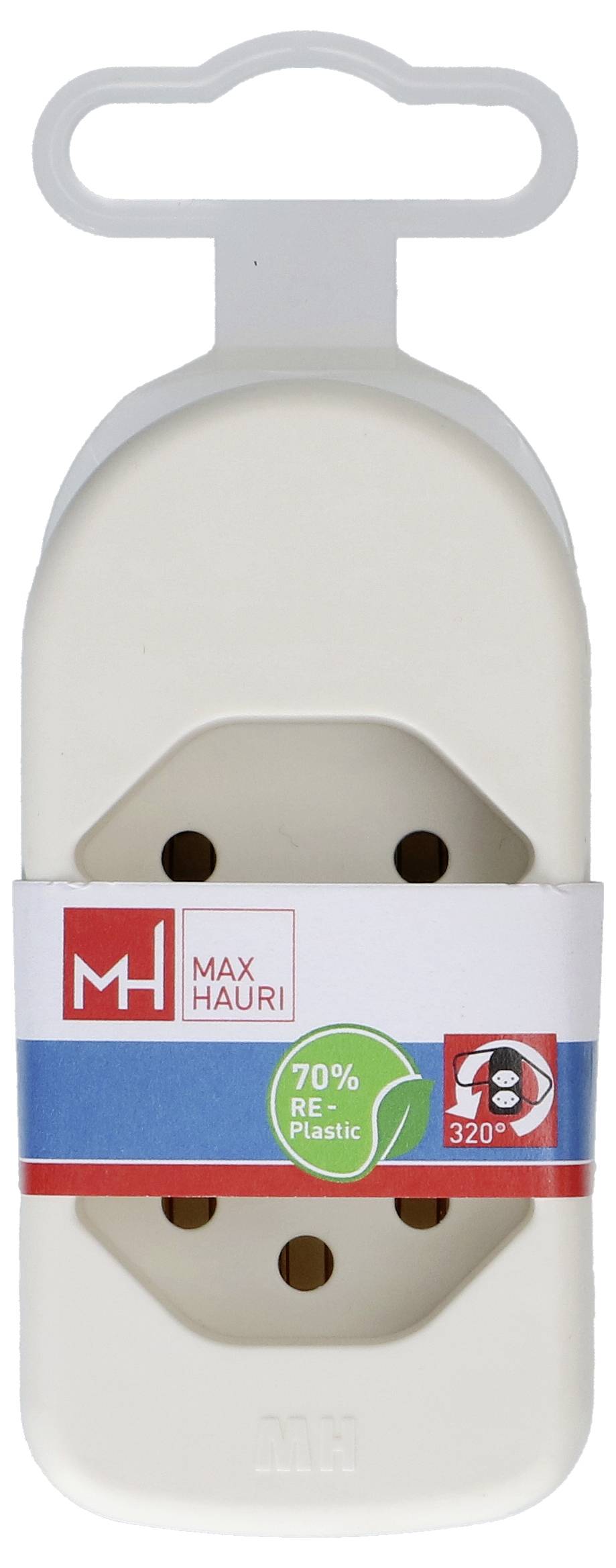 Ein weißer Stromadapter der Marke Max Hauri mit einer Aufhängeschleife und Verpackungsetikett, das „70% RE-Plastic" und „320°" angibt.