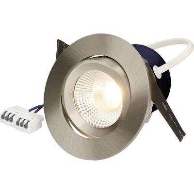 Ein rund eingebautes LED-Licht mit metallischer Oberfläche, leicht nach unten geneigt, beleuchtet, mit sichtbarer Verkabelung, die mit einem weißen Stecker verbunden ist.