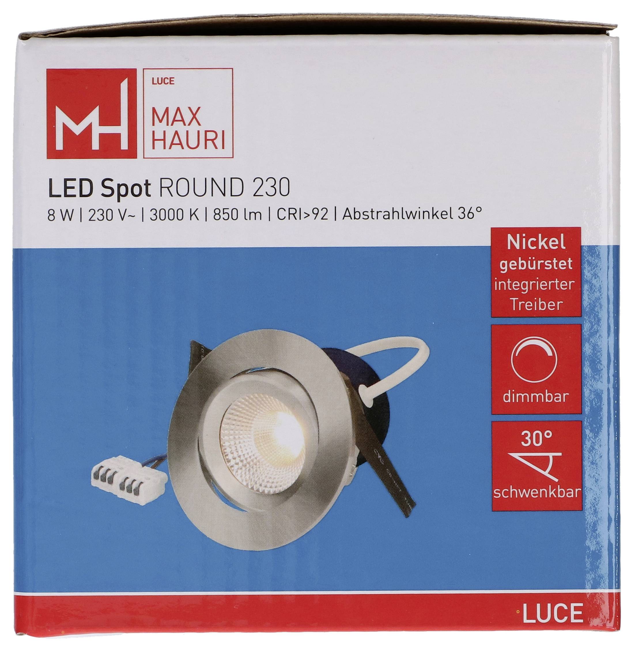 Das Bild zeigt eine Produktverpackung für „Luce LED Spot Round 230" von Max Hauri, mit einem dimmbaren, gebürstet-nickelplatierten Spotlight mit technischen Spezifikationen.
