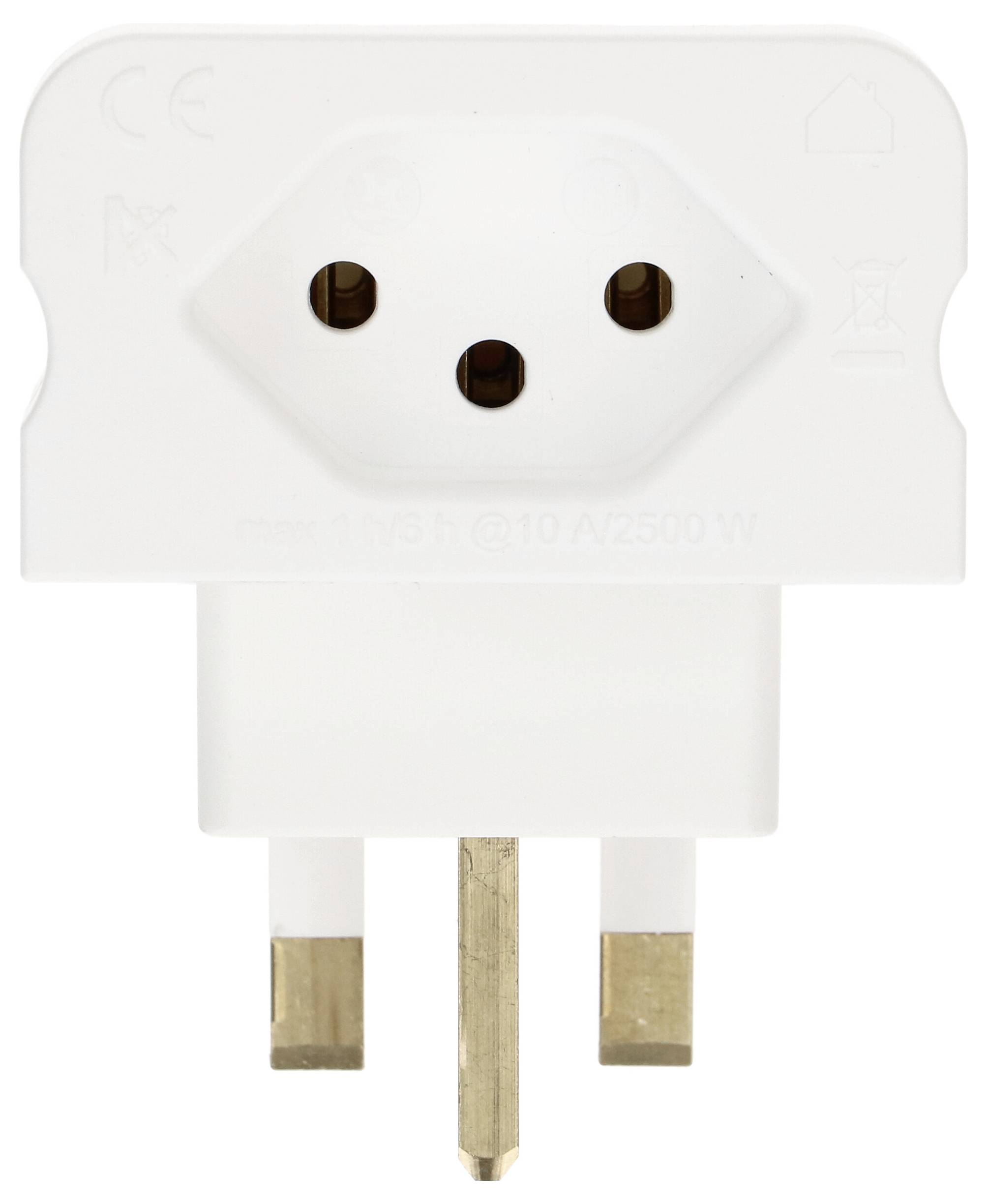 Ein weißer Elektrostecker-Adapter mit drei Stiften. Oben hat er zwei runde Löcher und ein U-förmiges Loch. Er ist mit 10 A/2500 W bewertet.