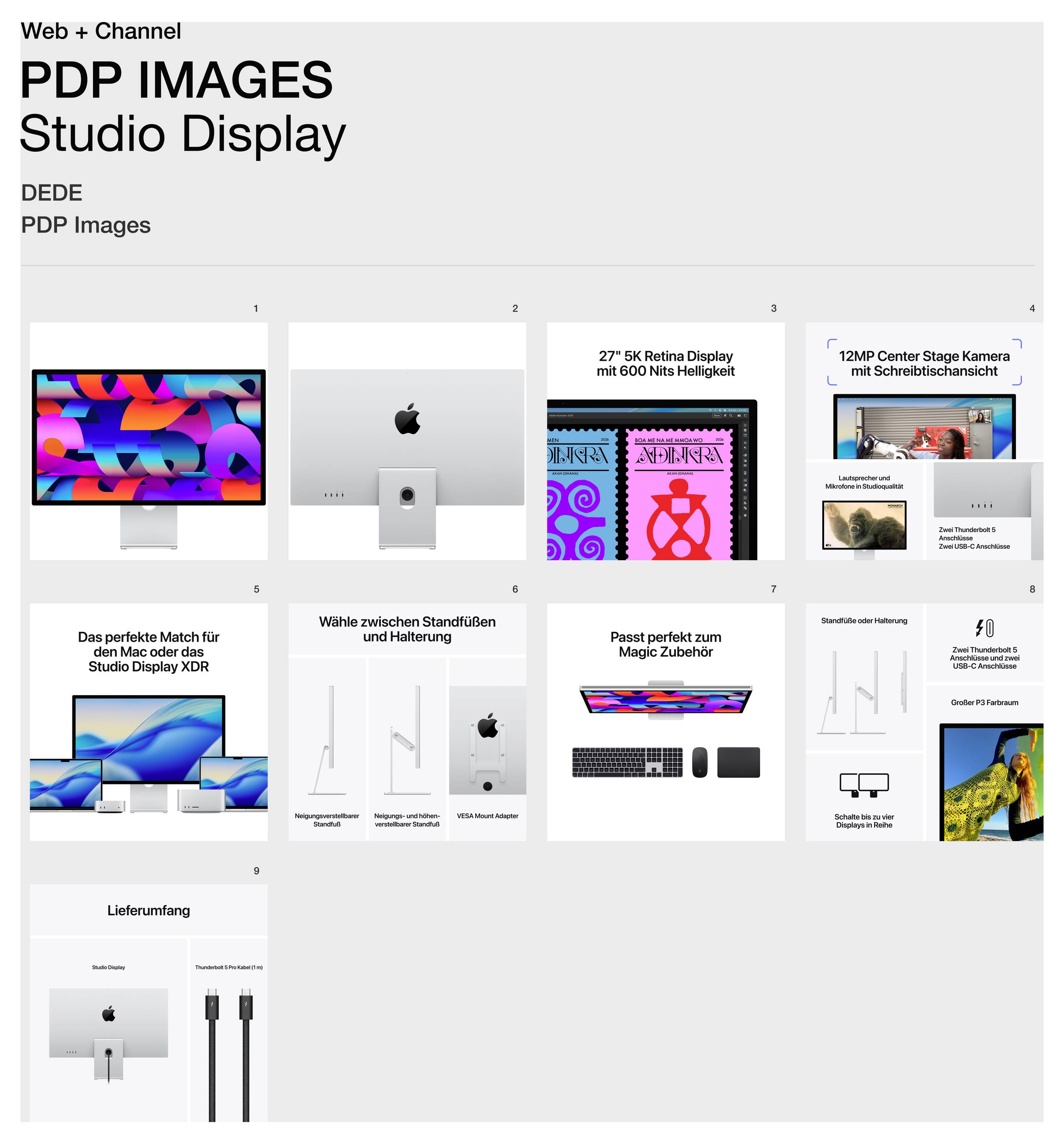 'PDP IMAGES Studio Display' zeigt Produktbilder eines Apple Studio Displays mit 27" Retina, 12-MP-Kamera und Zubehör wie Ständer und Kabel.