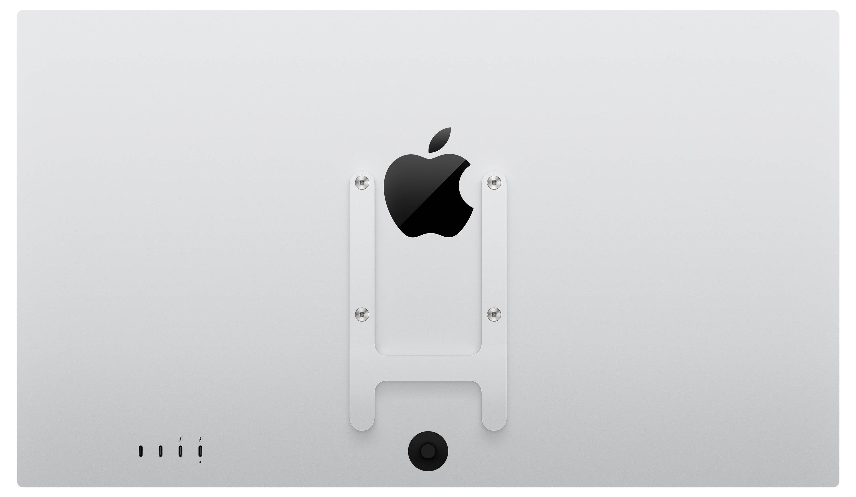 Apple-Logo zentriert auf einem weiß wandmontierten Panel mit sichtbaren Schrauben und einem kleinen runden Knopf darunter.