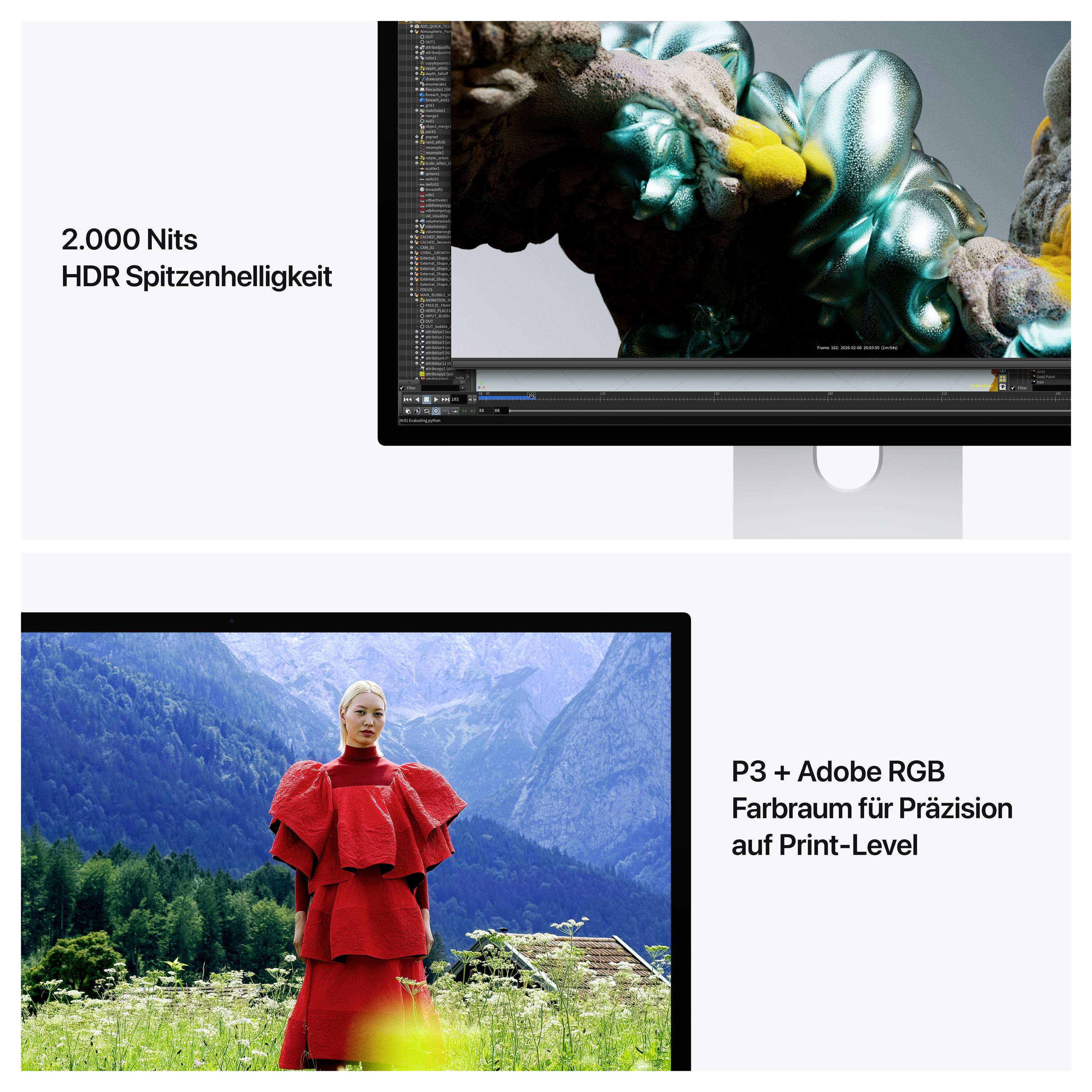 Werbegrafik mit zwei Monitor-Beispielen: oben '2.000 Nits HDR Spitzenhelligkeit' für sehr helle HDR-Darstellung, unten 'P3 + Adobe RGB Farbraum' für präzise Farben auf Print-Niveau.
