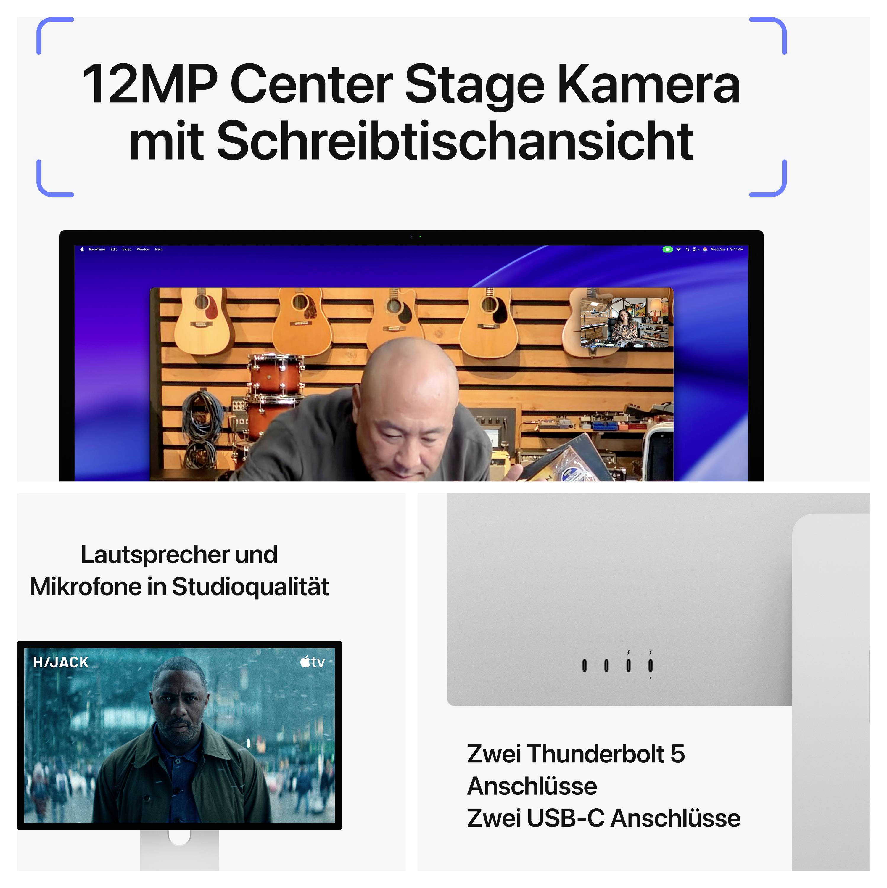 Werbegrafik für einen Monitor mit '12MP Center Stage Kamera mit Schreibtischansicht' sowie Lautsprecher, Mikrofone und Thunderbolt-5- und USB-C-Anschlüsse.<br>