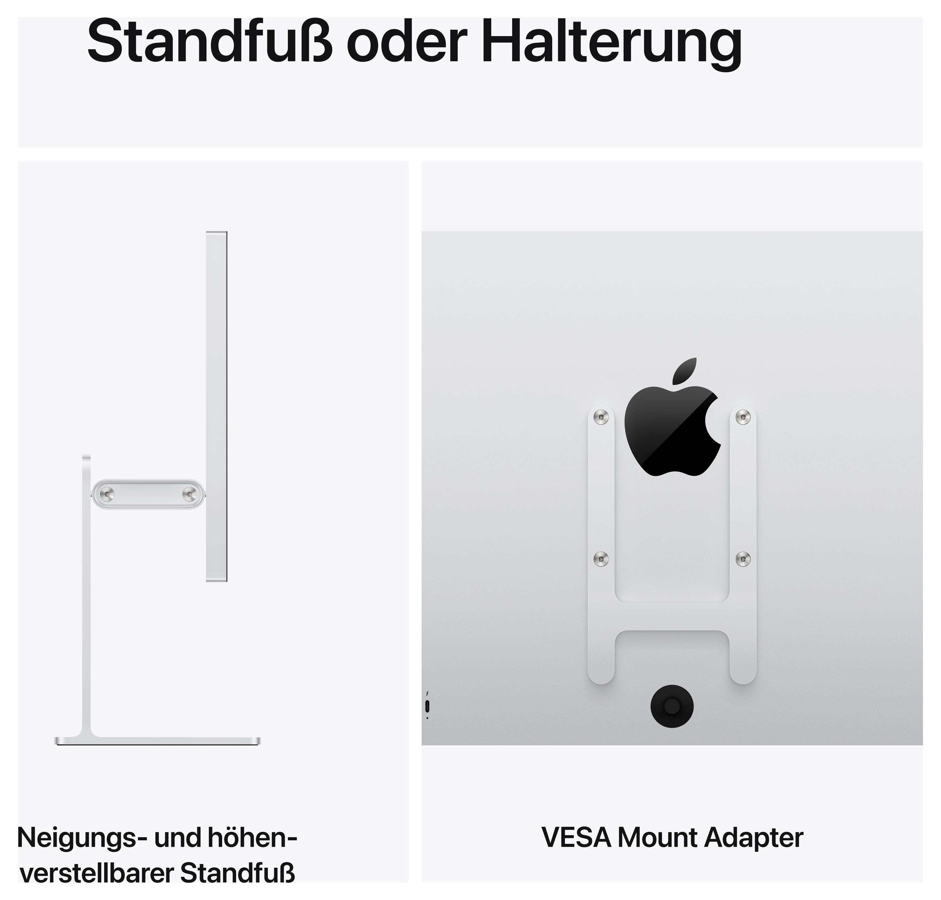 Vergleich von Standfuß und Halterung: links neigungs- und höhenverstellbarer Standfuß, rechts VESA-Mount-Adapter an einem Apple-Gerät.<br>