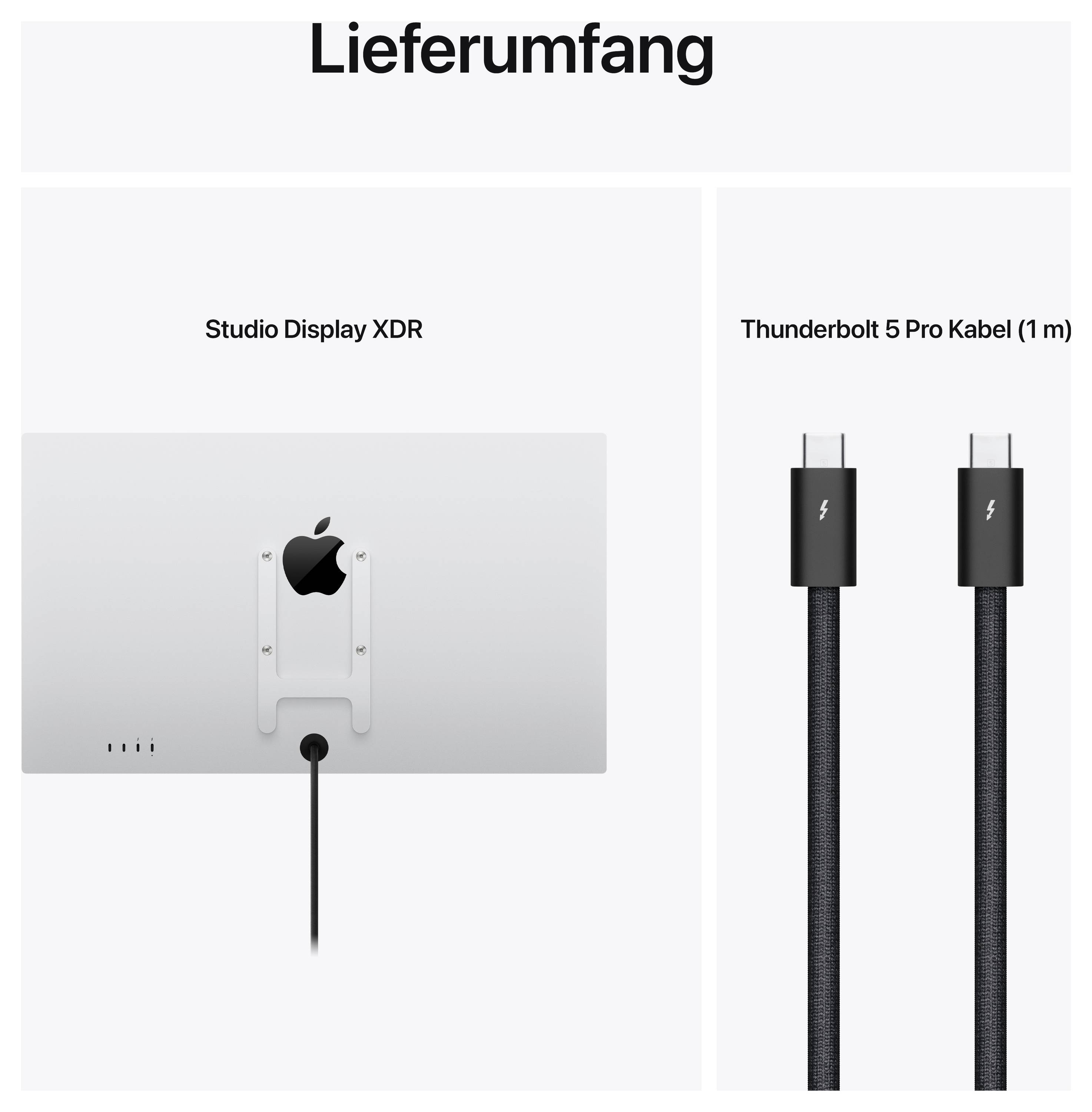 Lieferumfang: Studio Display XDR und Thunderbolt 5 Pro Kabel (1 m).<br>