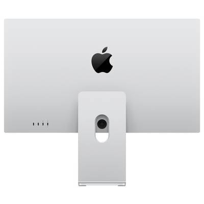 Ein silberner Computermonitor von hinten betrachtet, mit einem Apple-Logo in der Mitte angezeigt. Der Ständer ist unten sichtbar.