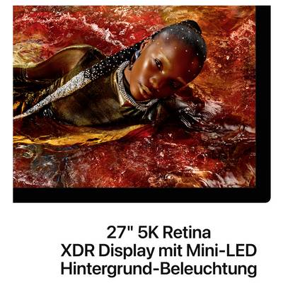 'Eine Person in künstlerischer Pose vor einem farbenfrohen, dynamischen Hintergrund. Text darunter: 27" 5K Retina XDR Display mit Mini-LED Hintergrund-Beleuchtung.'