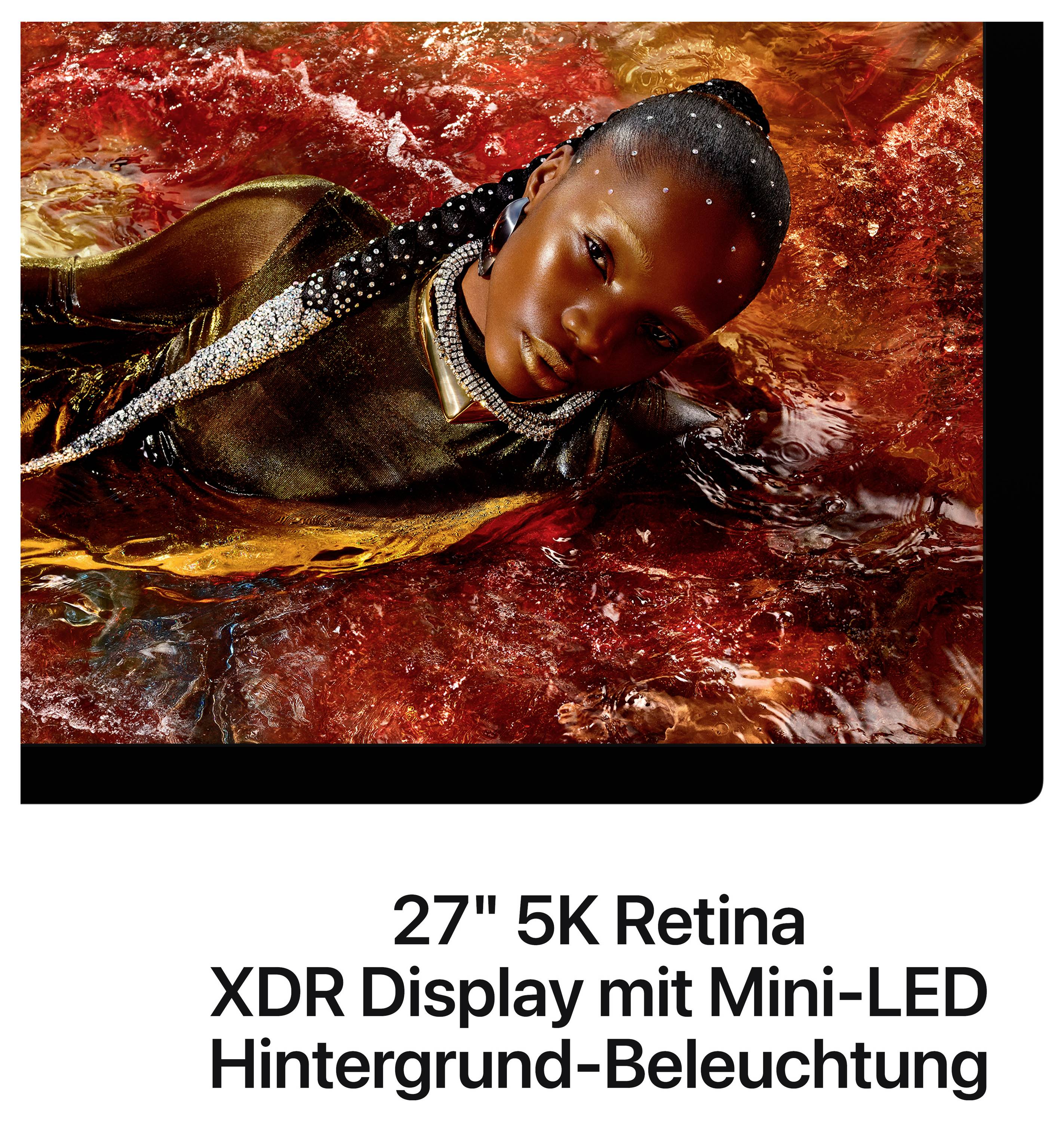 Eine Person posiert in leuchtend roten und goldenen Farbtönen, dazu der Text: ‘27" 5K Retina XDR Display mit Mini-LED Hintergrund-Beleuchtung’.