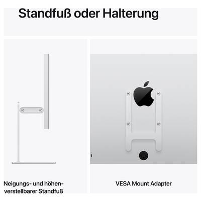 Vergleich von Monitorhalterungen: links neig- und höhenverstellbarer Standfuß, rechts VESA-Mount-Adapter mit Apple-Logo.<br>