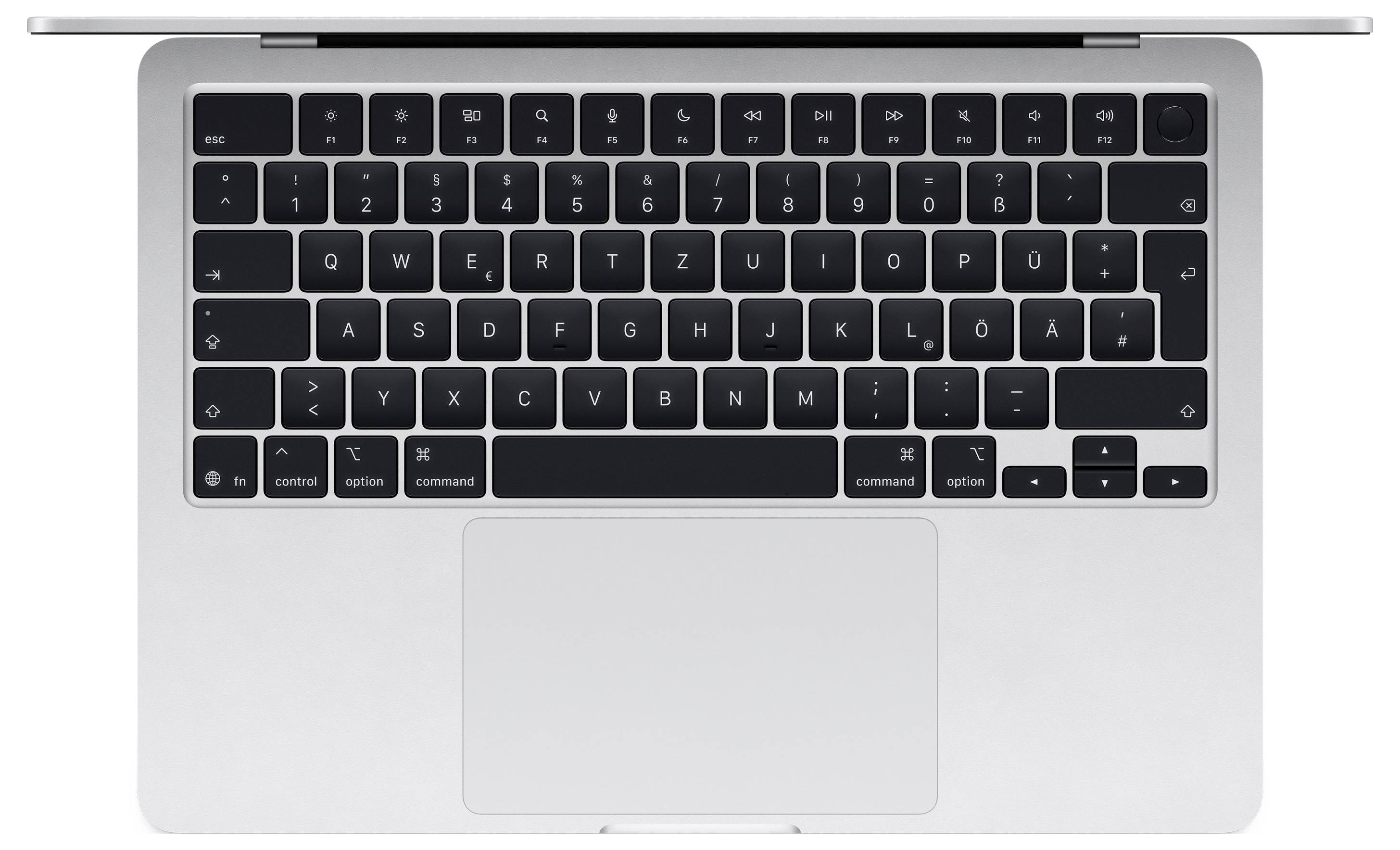 Eine Draufsicht einer Laptop-Tastatur mit QWERTZ-Layout, Trackpad in der Mitte darunter, zeigt die deutsche Tastenanordnung.