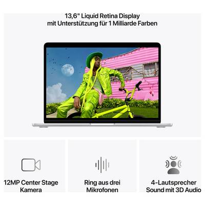 '13,6" Liquid Retina Display mit Unterstützung für 1 Milliarde Farben. MacBook mit einer Person in auffälliger Kleidung auf Bildschirm.'