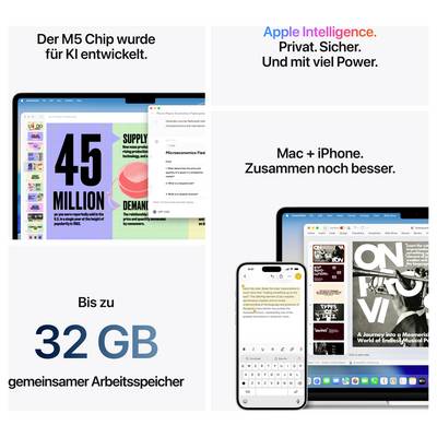 Der M5 Chip wurde für KI entwickelt. Apple Intelligence: Privat. Sicher. Mac + iPhone für bessere Zusammenarbeit. Bis zu 32 GB Arbeitsspeicher.