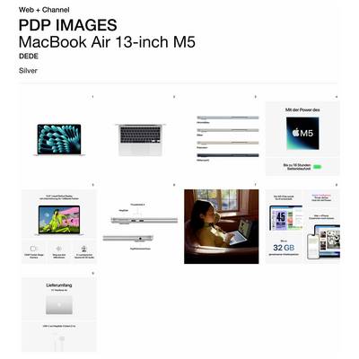 'PDP BILDER: MacBook Air 13-Zoll M5, Silber.' Das Bild zeigt ein silbernes MacBook Air, technische Spezifikationen, Akkulaufzeit-Informationen und einen Benutzer, der mit dem Gerät interagiert.