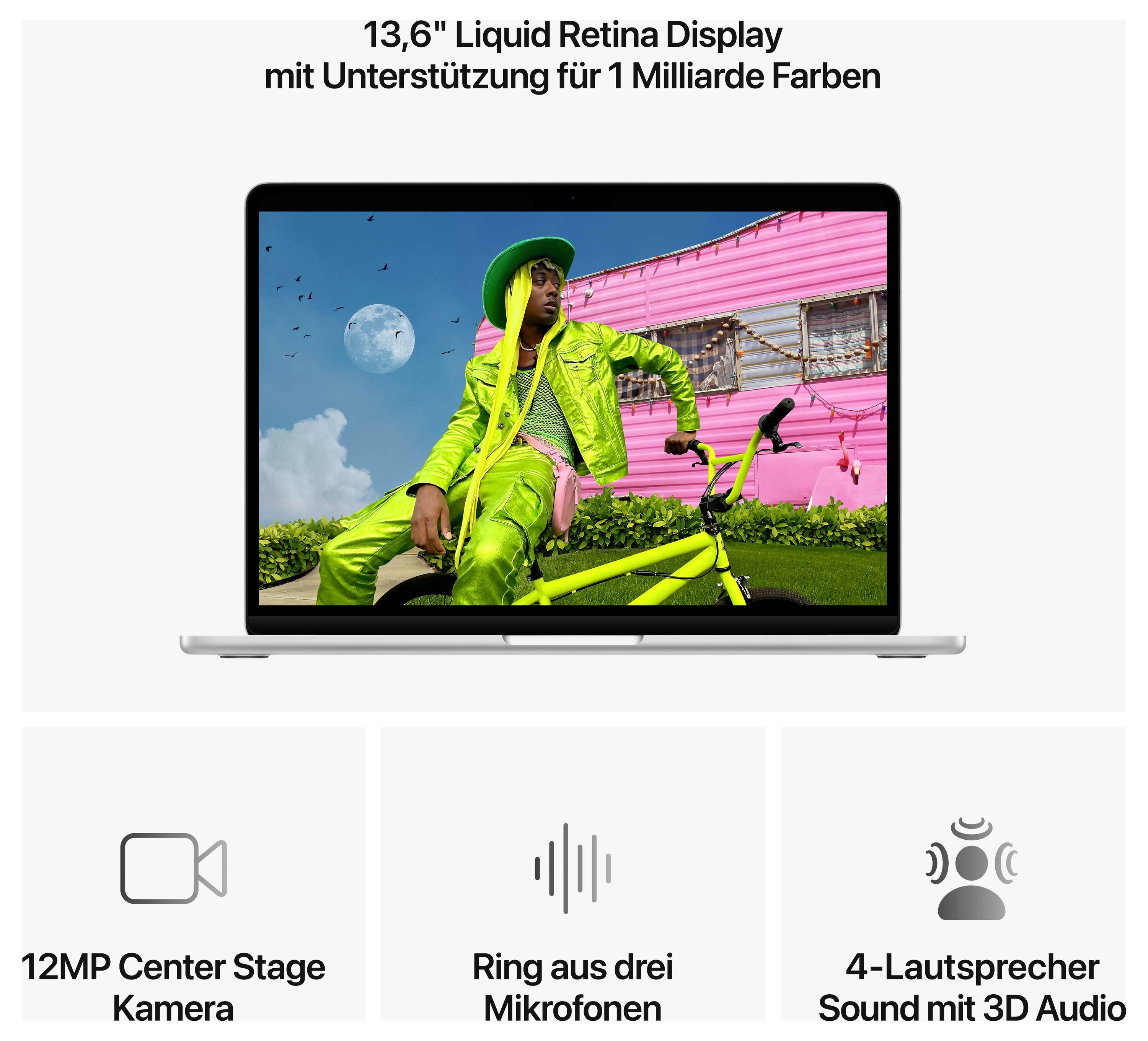 Laptop mit 13,6" Liquid Retina Display, unterstützt 1 Milliarde Farben. Abgebildet ist eine Person in greller Kleidung mit Fahrrad. Texte beschreiben Kamera, Mikrofon und Lautsprecher.