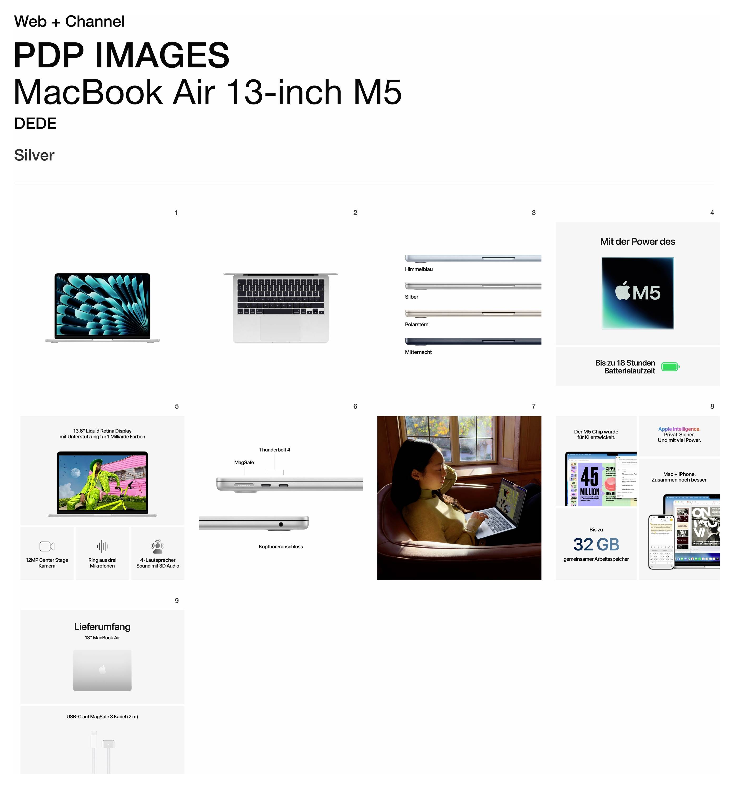 'PDP IMAGES MacBook Air 13-Zoll M5' Text-Header. Bilder enthalten Laptop-Ansichten, Leistungsspezifikationen und eine Person, die einen Laptop verwendet. Silberfarbe erwähnt.
