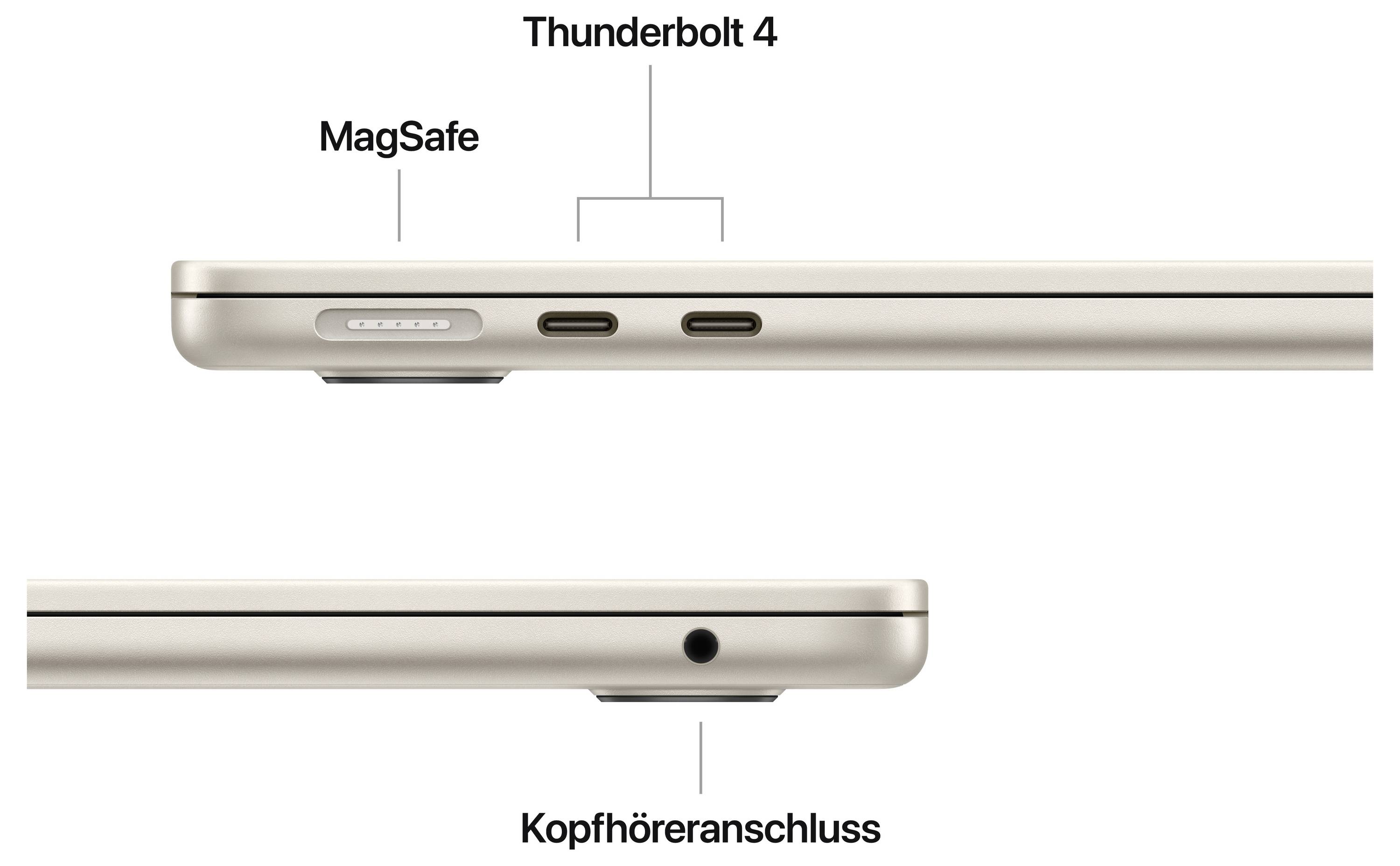 Laptop-Seitenansicht mit Thunderbolt 4-, MagSafe- und Kopfhöreranschluss.