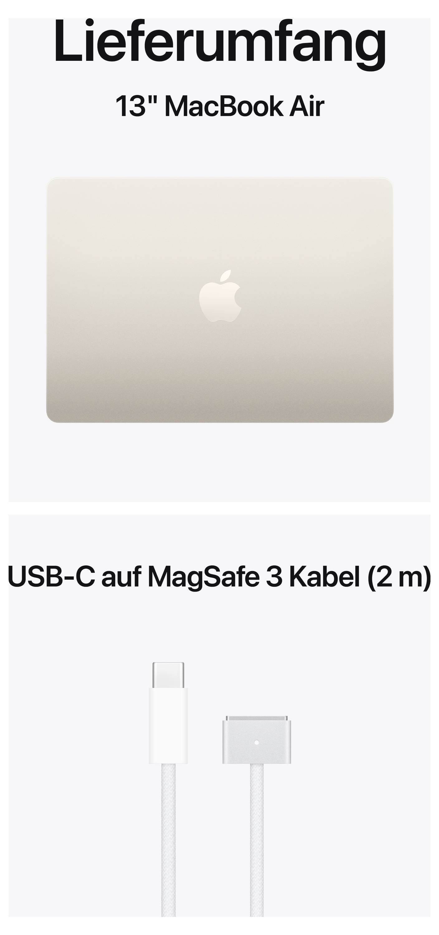 'Lieferumfang: 13" MacBook Air und USB-C auf MagSafe 3 Kabel (2 m).'
