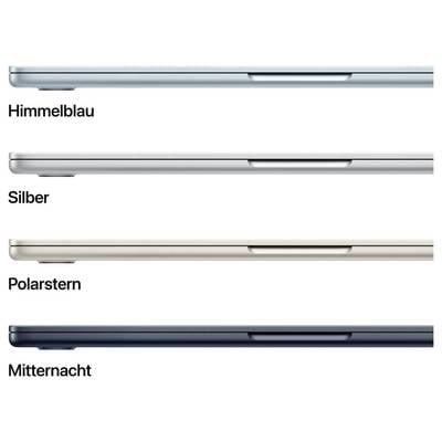 Vier Laptops in verschiedenen Farben: Himmelblau, Silber, Polarstern, Mitternacht. Gezeigt in der Seitenansicht.