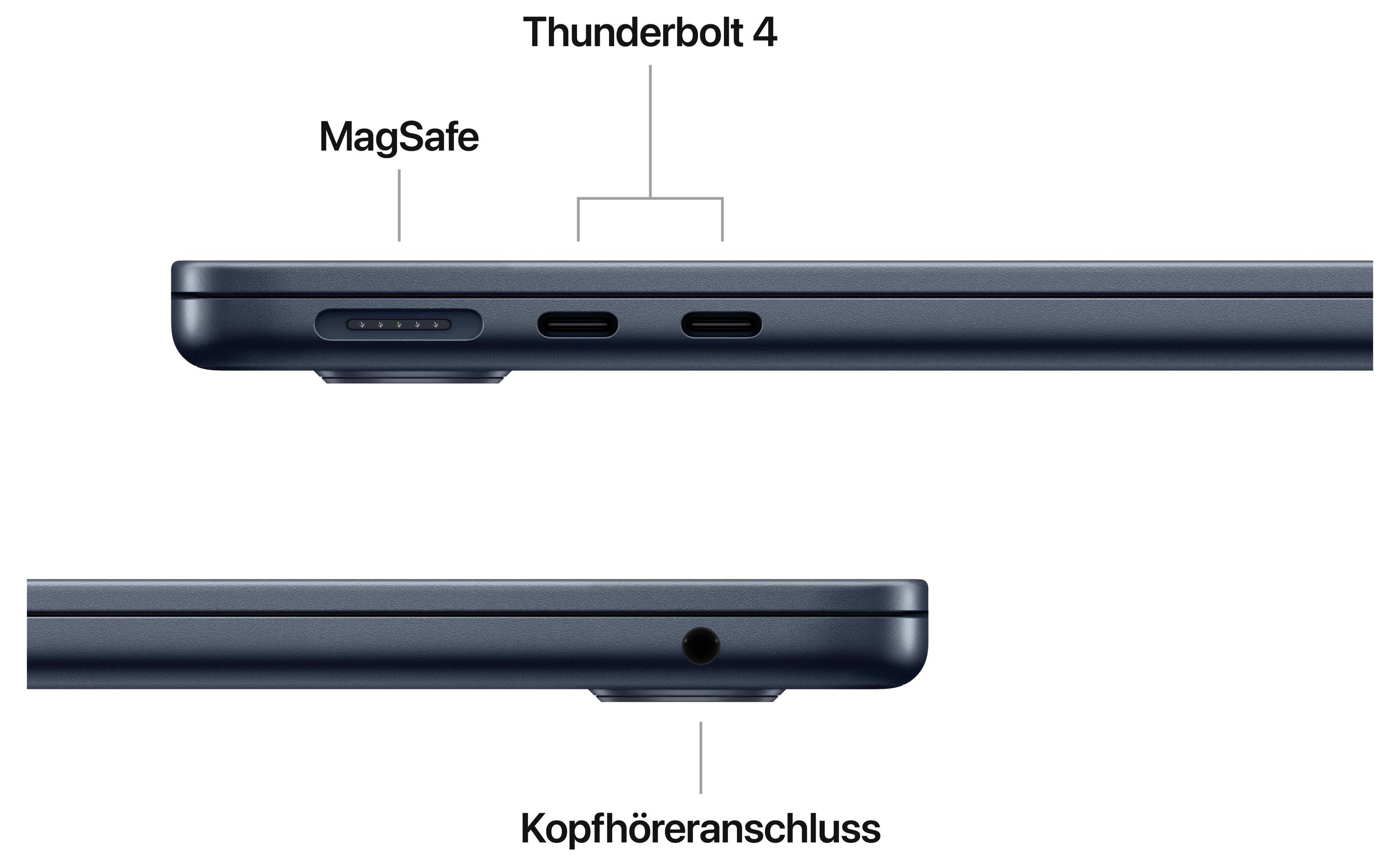 Ein Laptop mit Thunderbolt 4 und MagSafe-Anschlüssen auf der linken Seite und einem Kopfhöreranschluss auf der rechten Seite.