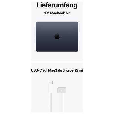 'Lieferumfang: 13" MacBook Air, USB-C auf MagSafe 3 Kabel (2 m)' in schwarzer Schrift mit Bildern des Laptops und Kabels.