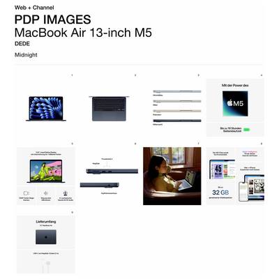 'PDP BILDER' für 'MacBook Air 13-Zoll M5', einschließlich Produktbildern, Funktionen und Spezifikationen in einem Rasterlayout.