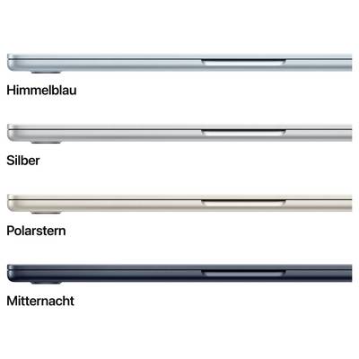 'Drei seitliche Ansichten von Laptops zeigen Farben: Himmelblau, Silber, Polarstern und Mitternacht.'