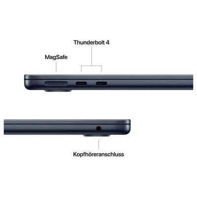 Zwei Seitenansichten eines Laptops. Oben: Thunderbolt 4 und MagSafe-Anschlüsse. Unten: Kopfhöreranschluss.