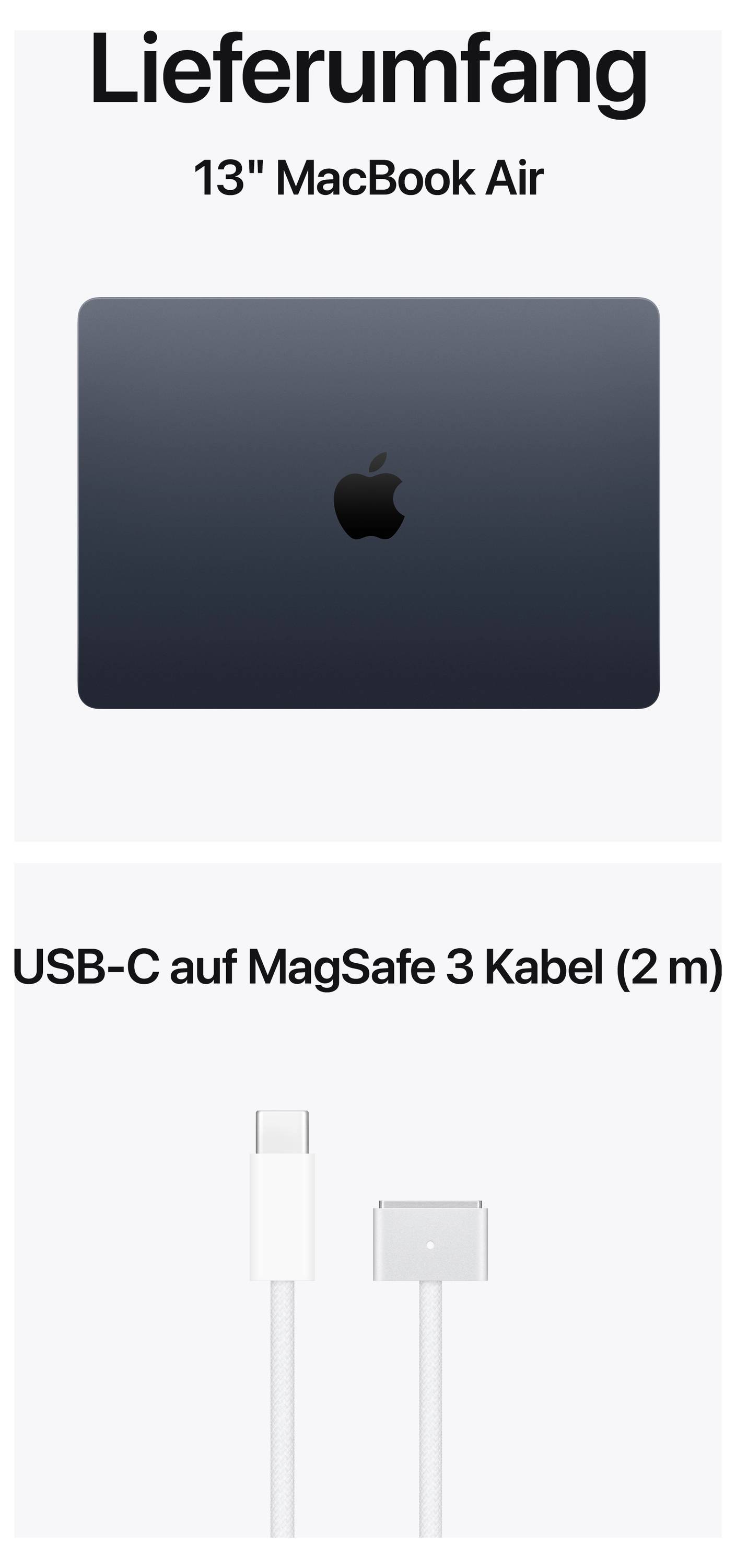 'Lieferumfang': Bild eines MacBook Air 13" und eines 2m langen USB-C auf MagSafe 3 Kabels.