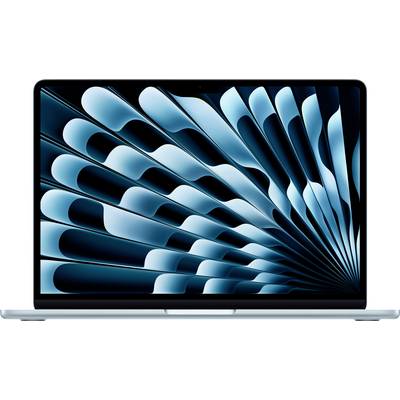 Ein Laptop zeigt ein abstraktes Muster mit blauen, geschichteten Formen, die von der unteren rechten Ecke ausstrahlen und einen dynamischen visuellen Effekt erzeugen.