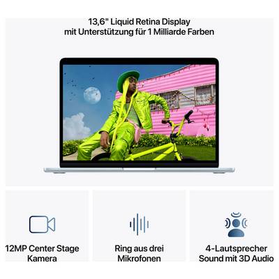 Laptop mit 13,6-Zoll Liquid Retina Display. Zeigt eine Person in neonfarbener Kleidung vor einem Wohnwagen. Funktionen unten hervorgehoben.