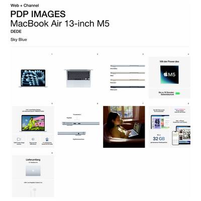 'PDP-Bilder: MacBook Air 13-Zoll M5, Himmelblau.' Die Bilder zeigen ein MacBook Air, ein Schaltschema, einen Benutzer mit Laptop und Zusammenfassungen der Funktionen auf Deutsch.