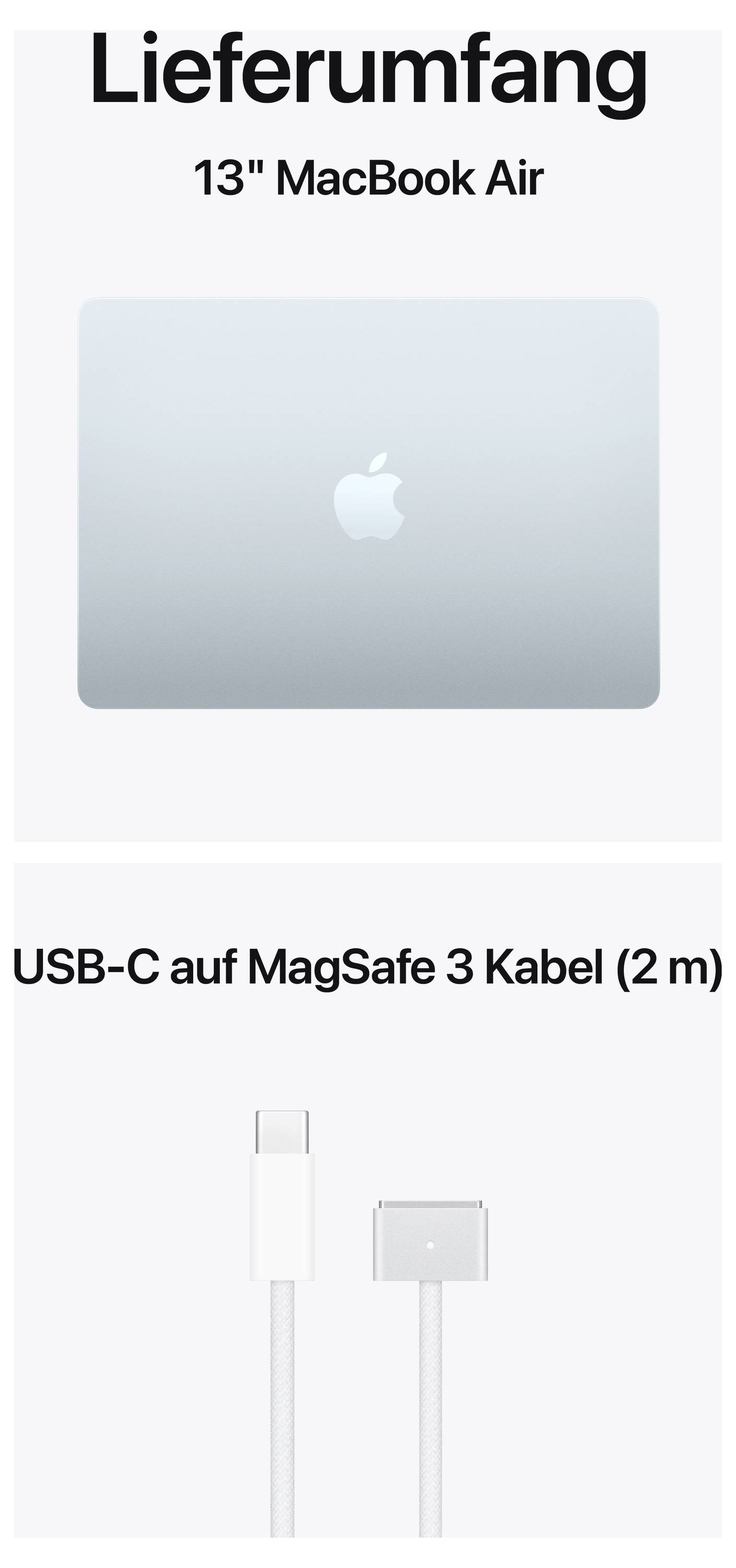 'Lieferumfang: 13" MacBook Air und USB-C auf MagSafe 3 Kabel (2 m).'