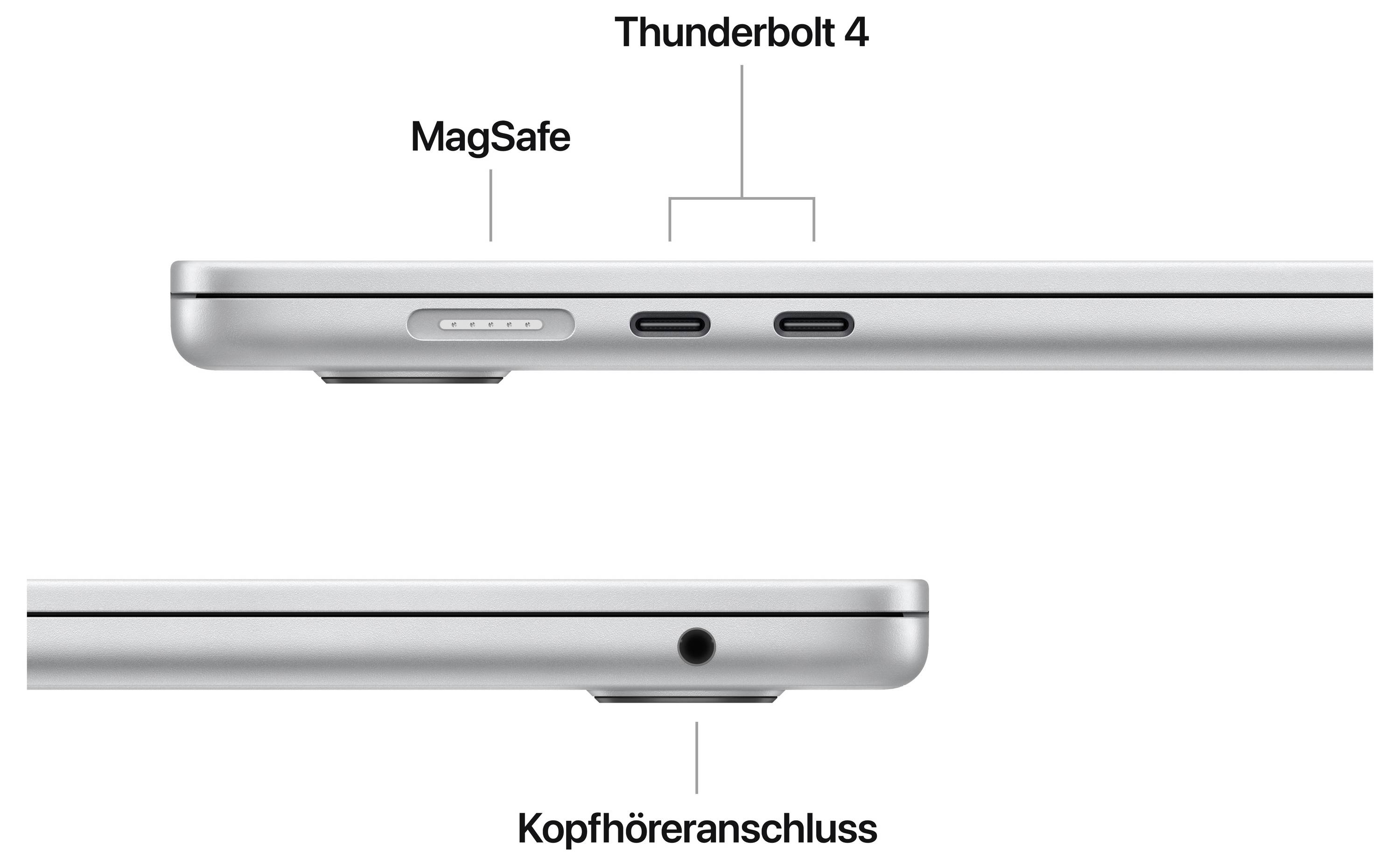 Laptop-Seitenansicht zeigt Anschlüsse: oben MagSafe und zwei Thunderbolt 4, unten Kopfhöreranschluss.