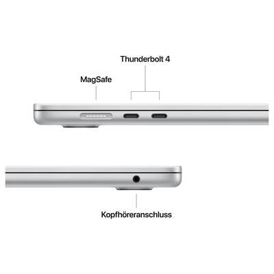 Laptop-Seitenansicht zeigt Anschlüsse: oben MagSafe und zwei Thunderbolt 4, unten Kopfhöreranschluss.