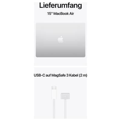 'Lieferumfang 15" MacBook Air': Abbildung eines silbernen MacBook Air. Darunter: 'USB-C auf MagSafe 3 Kabel (2 m)' mit Kabelabbildung.