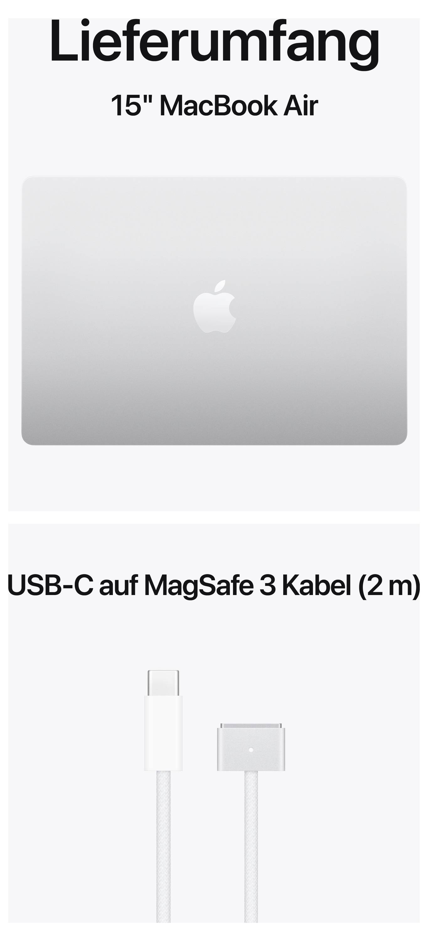 MacBook Air (15"), silber, mit Apple-Logo, und USB-C auf MagSafe 3 Kabel (2 m). Begleittext: 'Lieferumfang'.