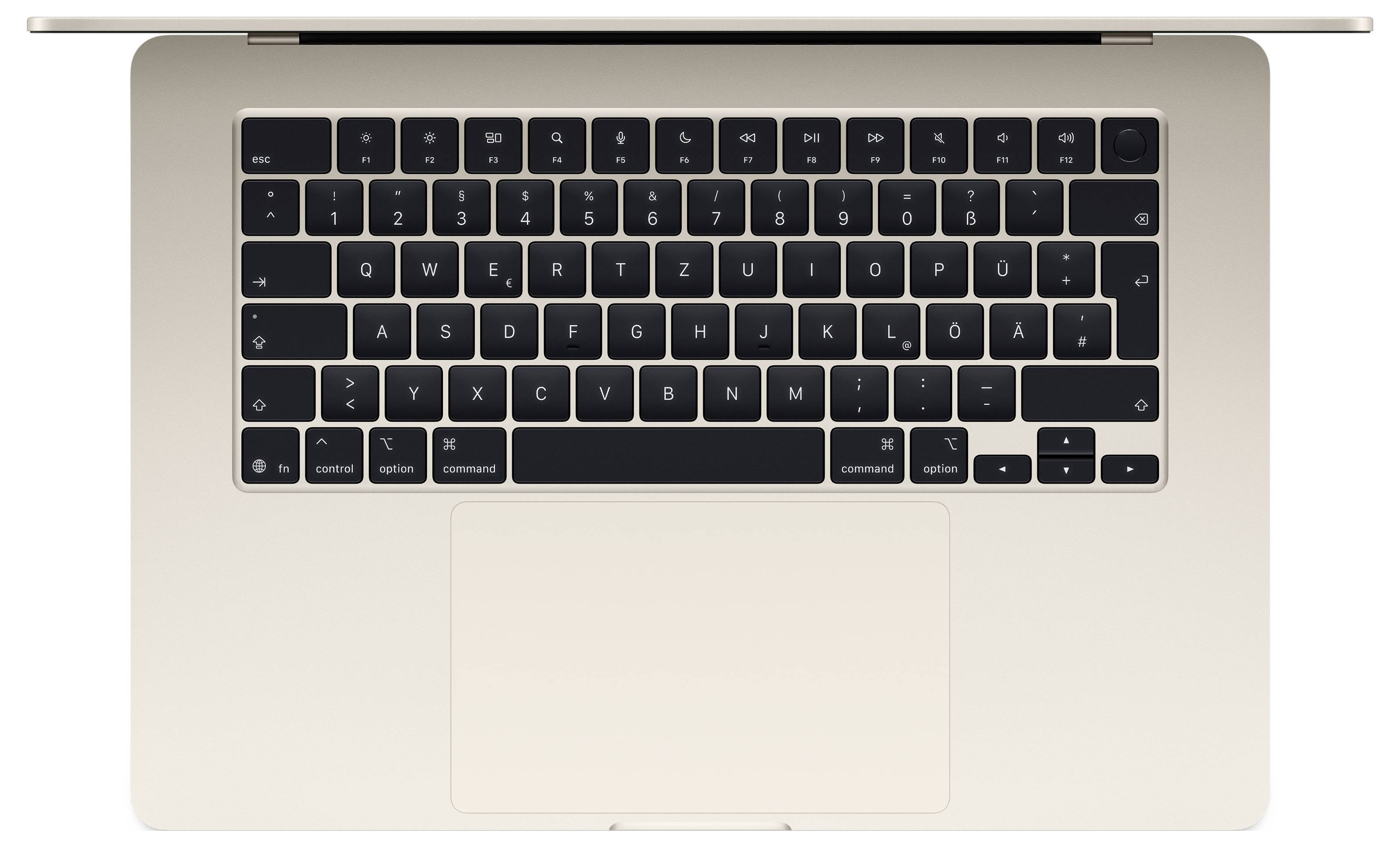 Eine Draufsicht auf einen offenen Laptop mit schwarzer Tastatur und Trackpad, auf einer hellhellen Oberfläche. Die Buchstaben „QWERTZ" deuten auf ein nicht-US-amerikanisches Layout hin.