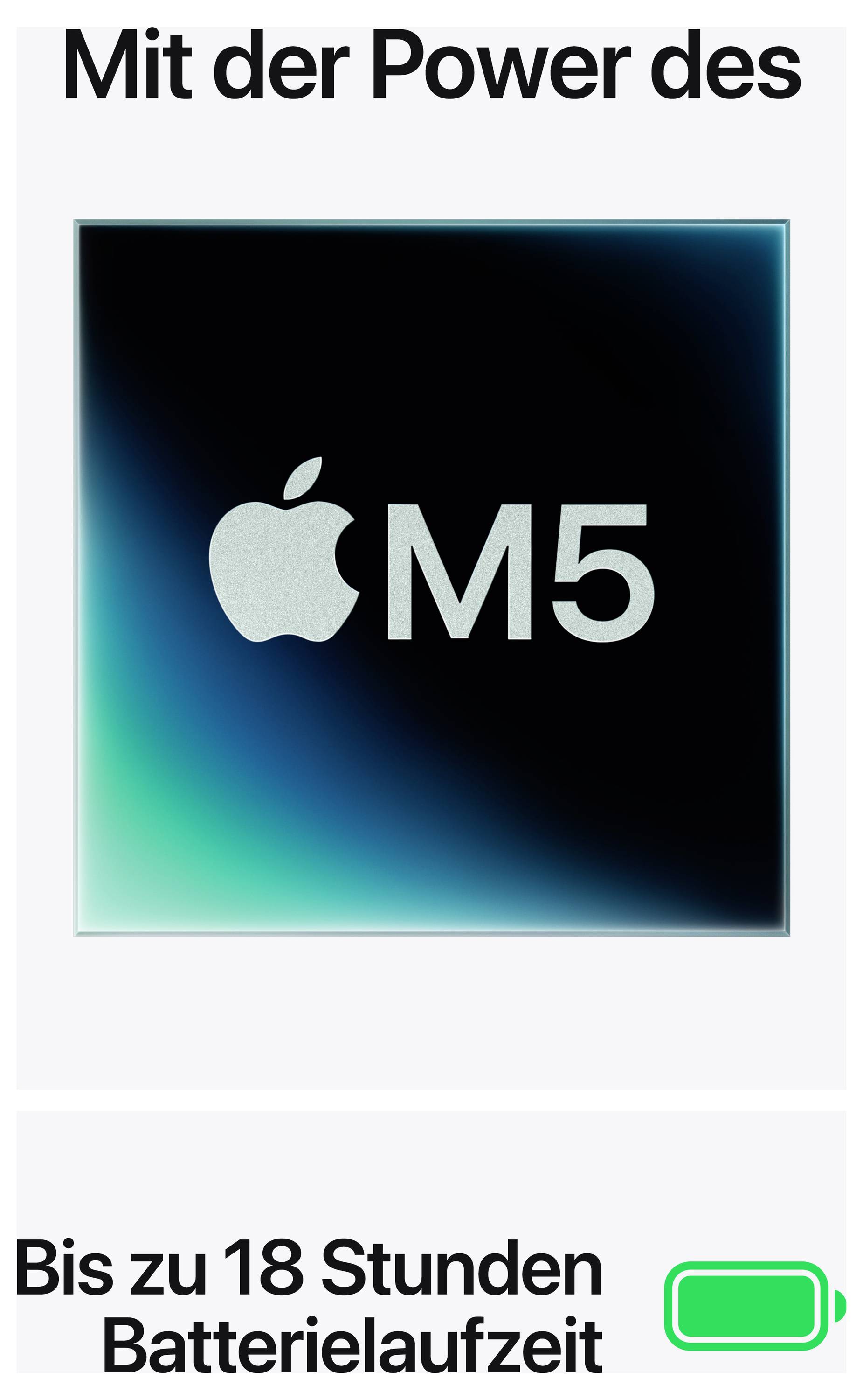 'Mit der Power des M5-Chips' und 'Bis zu 18 Stunden Batterielaufzeit' umrahmen eine Abbildung des M5-Chips mit Apple-Logo.