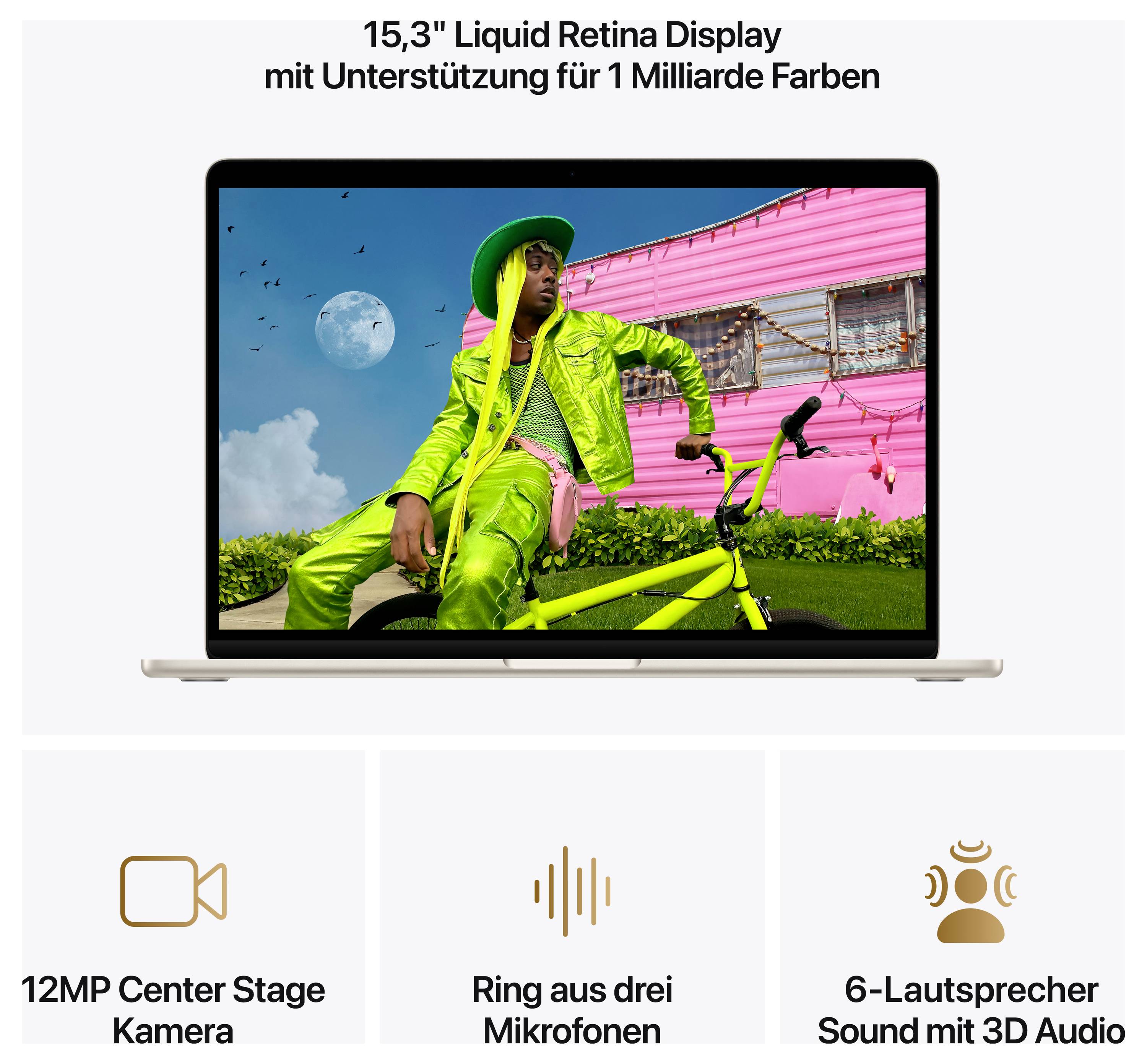 MacBook Air mit 15,3" Liquid Retina Display zeigt Person in grüner Kleidung auf BMX vor rosa Haus. Highlight: 12MP Kamera, drei Mikrofone, 6-Lautsprecher mit 3D Audio.