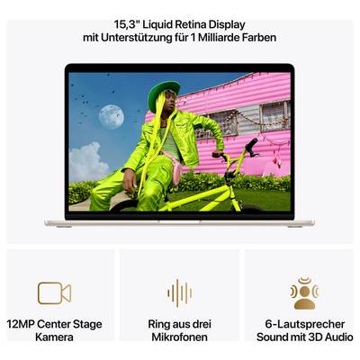 MacBook Air mit 15,3" Liquid Retina Display zeigt Person in grüner Kleidung auf BMX vor rosa Haus. Highlight: 12MP Kamera, drei Mikrofone, 6-Lautsprecher mit 3D Audio.